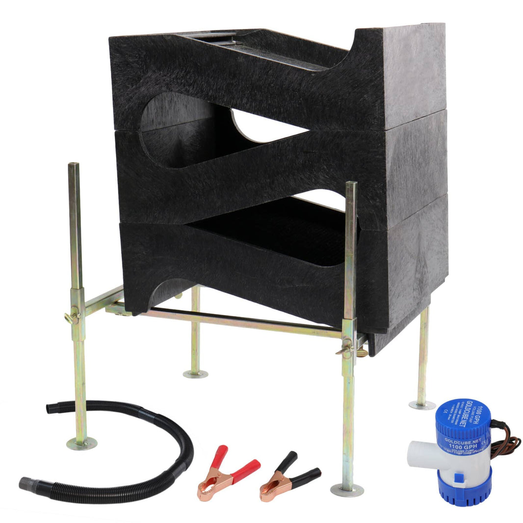 Components of the Gold Cube 3 Stack Deluxe Complete Gold Prospecting Kit, including stand, separator trays, pump and hose