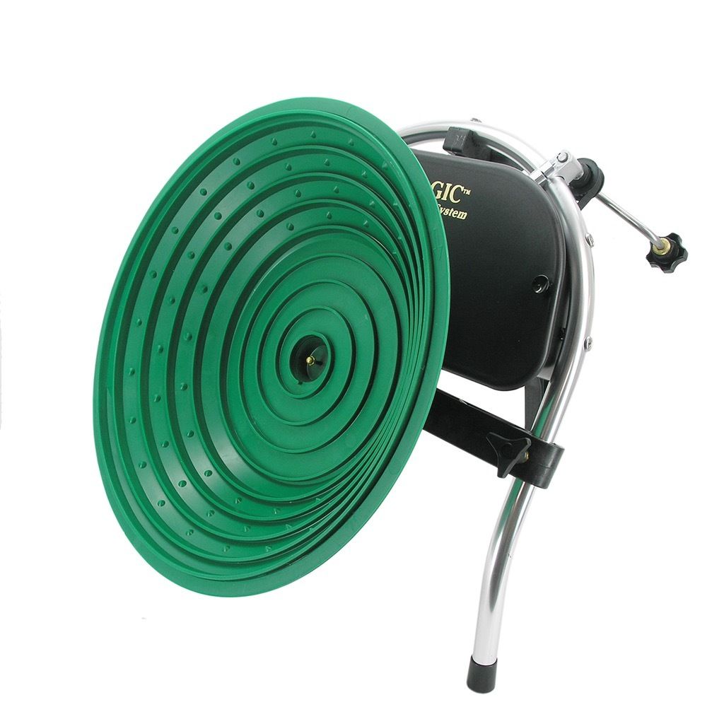 Gold Magic 12-10 spiral gold panning machine with green 17-inch spiral pan, built-in battery and hand crank