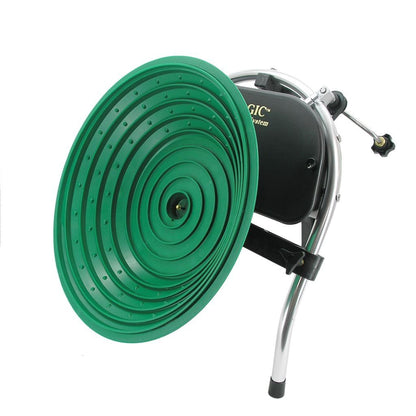 Gold Magic 12-10 spiral gold panning machine with green 17-inch spiral pan, built-in battery and hand crank