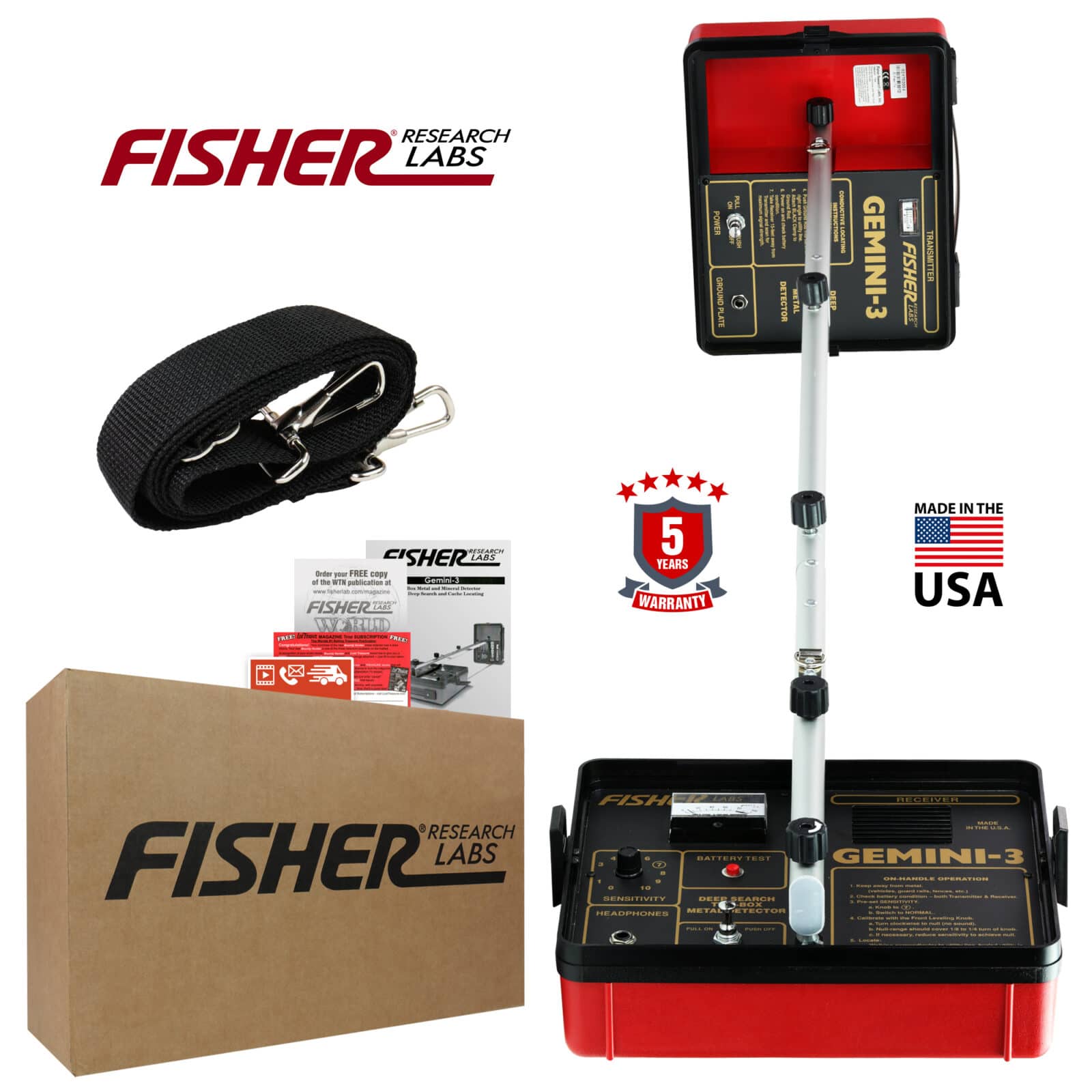 Fisher Gemini 3 Deep Seeking 2 Box Metal Detector Bundle with Two Sand Scoops, Carry Bag, and More