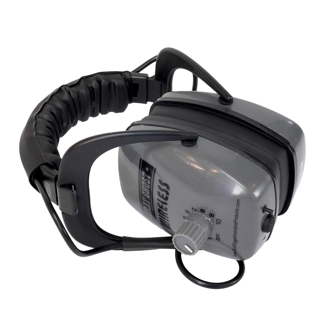 Gray Ghost wireless headphone system showing padded ear cups and adjustable headband