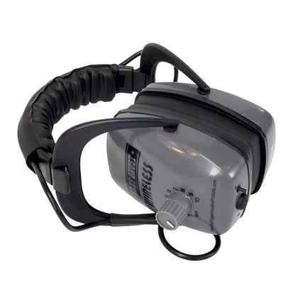 Gray Ghost wireless headphone system showing padded ear cups and adjustable headband