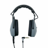 DetectorPro Gray Ghost Deep Woods Platinum headphones with black ear cups and coiled cable