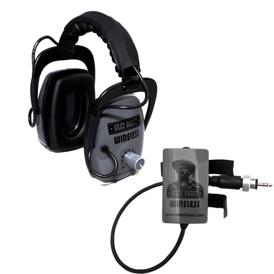 DetectorPro Gray Ghost wireless headphones with transmitter unit on white background