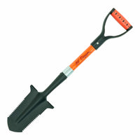 A 29-inch long, double serrated, black shovel with an orange and black handle, designed for heavy vegetation and hard soil digging.