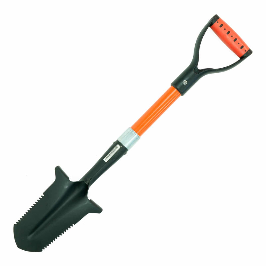 A 29-inch long, double serrated, black shovel with an orange and black handle, designed for heavy vegetation and hard soil digging