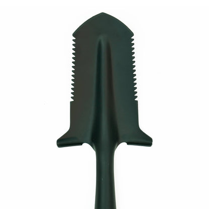 Close up view of the black shovel head, showing the wide foot steps and saw tooth serrated detail