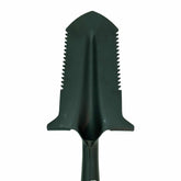 double serrated, black shovel close up showing the aw tooth serration. Backside