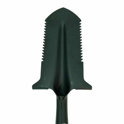 Rear side close up view of the black shovel head, showing the wide foot steps and saw tooth serrated detail