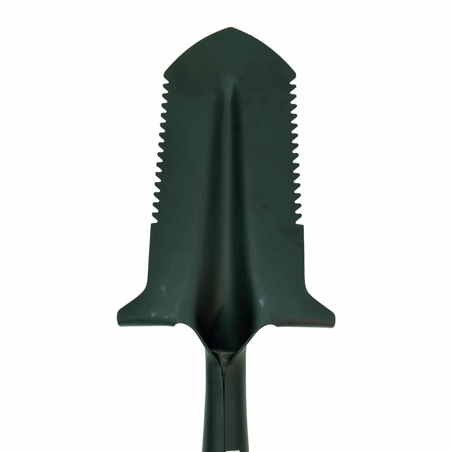 Rear side close up view of the black shovel head, showing the wide foot steps and saw tooth serrated detail