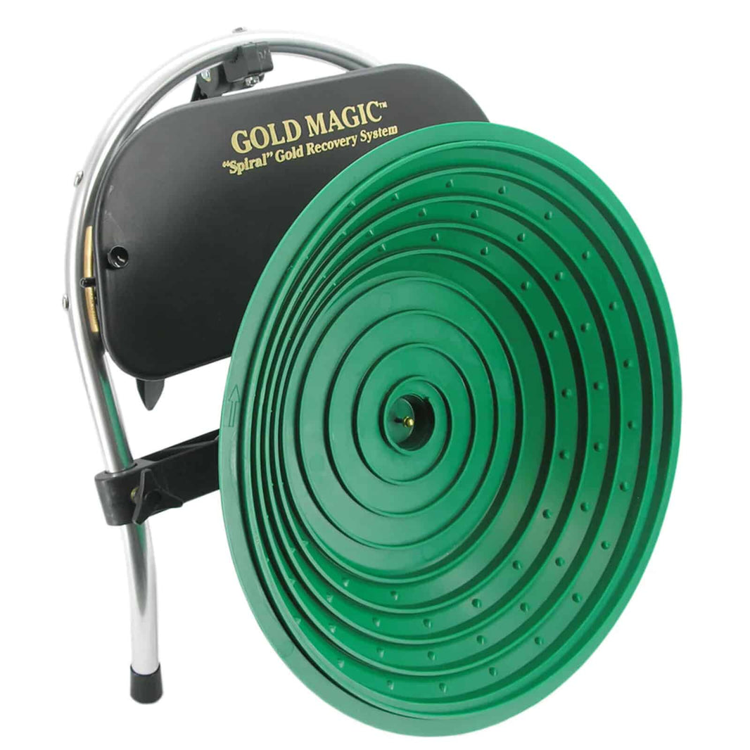 Gold Magic 12-U spiral gold panning machine with green 17-inch spiral pan and built-in battery