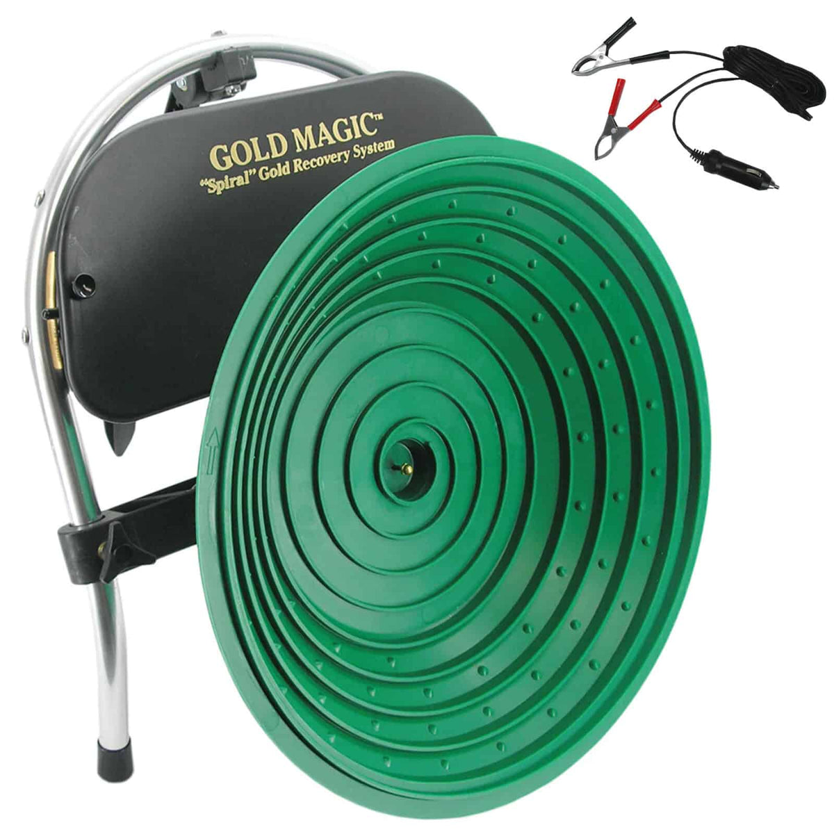 The Gold Magic Spiral Gold Recovery System with green bowl on a white background, with the battery clips shown in an inset.
