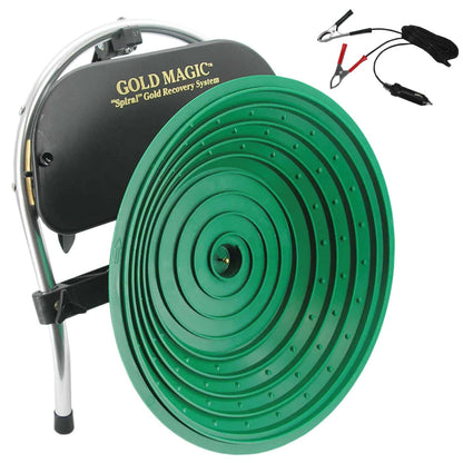 The Gold Magic Spiral Gold Recovery System with green bowl on a white background, with the battery clips shown in an inset.