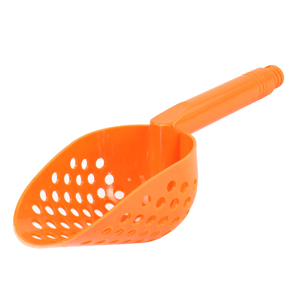 Orange plastic metal detector scoop with perforated design for beach hunting