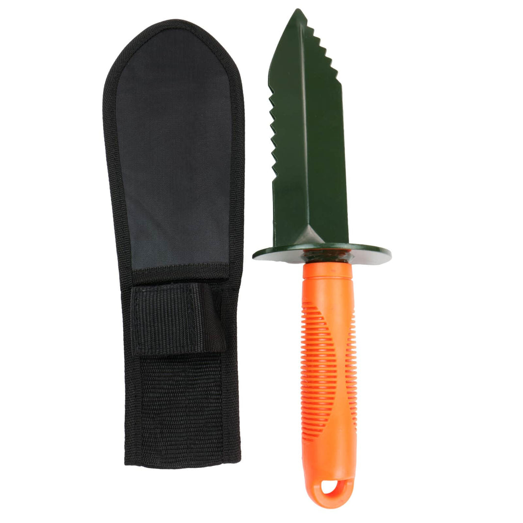 Close-up view of serrated and straight cutting edges on carbon steel digger blade