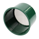 Close-up view of 60 holes per square inch stainless steel mesh in green plastic frame