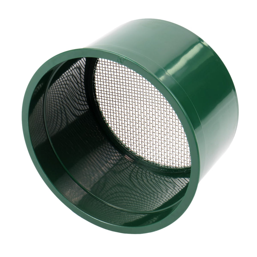 Close-up view of 60 holes per square inch stainless steel mesh in green plastic frame