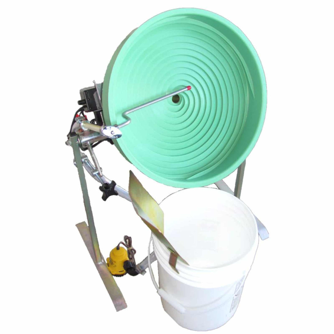 The Gold Screw Vibrating Spiral Panner shown fully assembled, with green bowl and white bucket