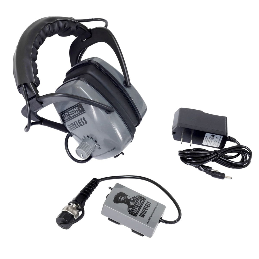 Gray Ghost wireless headphones for Garrett AT Pro showing black over-ear design