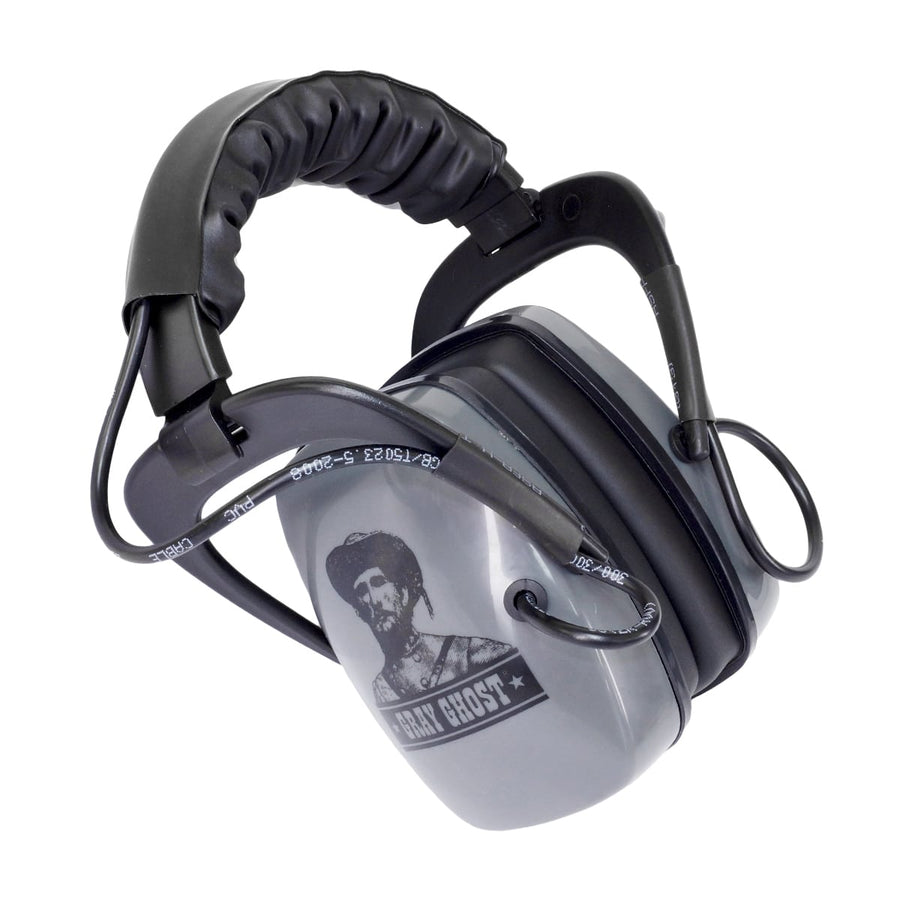 Gray Ghost wireless headphones connected to Garrett AT series metal detector