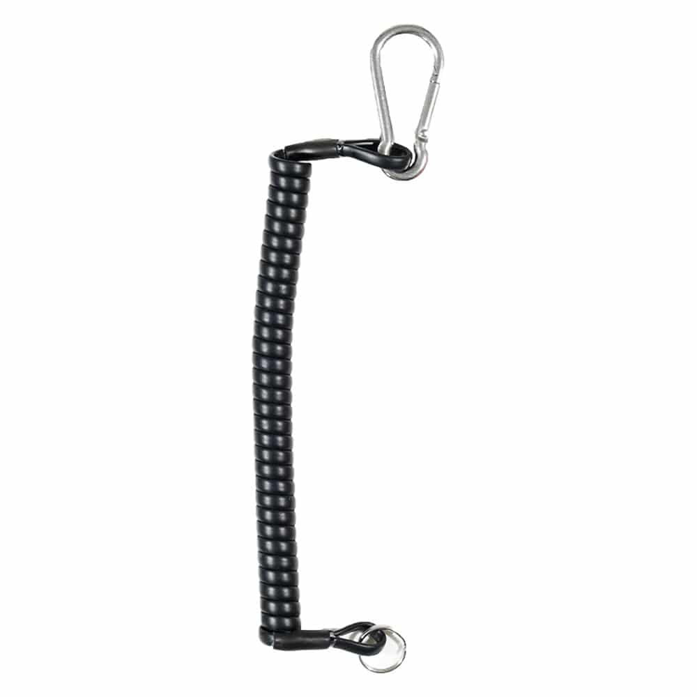 Dan's black pinpointer lanyard showing strap and hardware construction