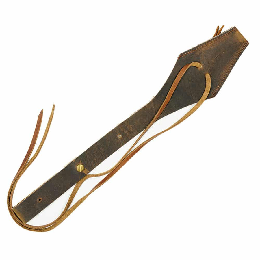 Serious Archery brown leather bow holster showing belt attachment and bow securing design