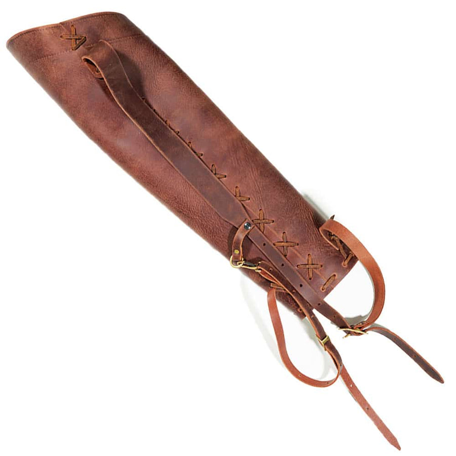 Close-up of leather back quiver showing sheep shearing lined interior