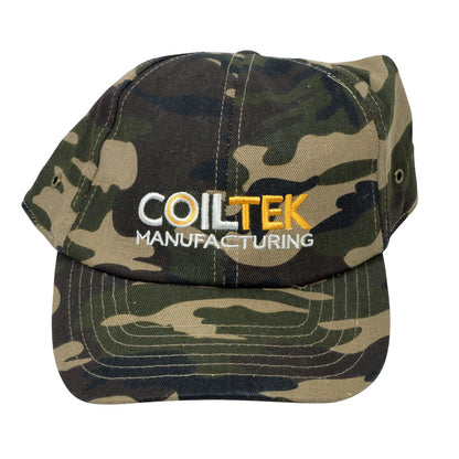 Coiltek camo baseball cap with embroidered logo front view