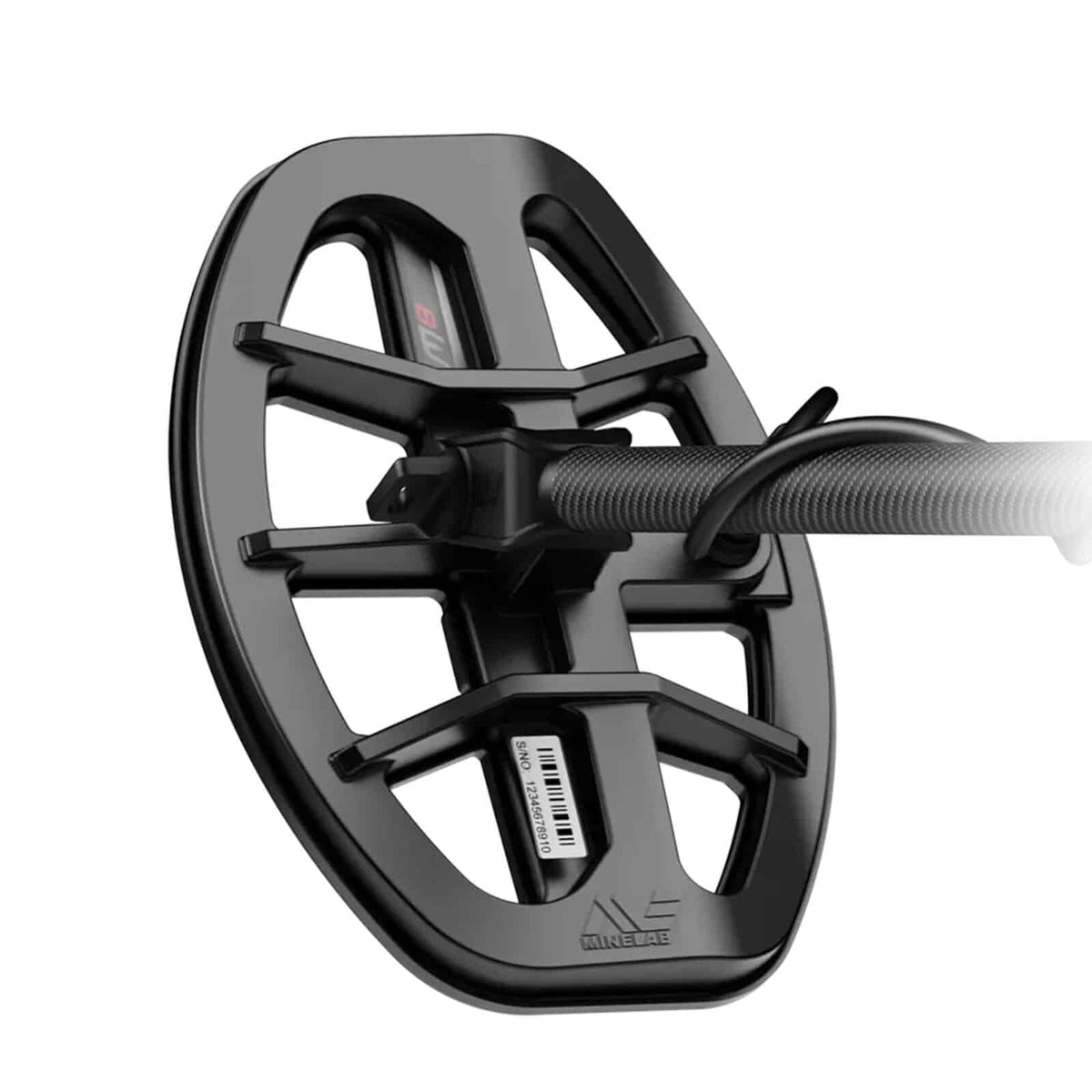 Minelab M8 8x5.5 in elliptical Double-D coil for the Manticore with skidplate fitted, top view on the lower shaft