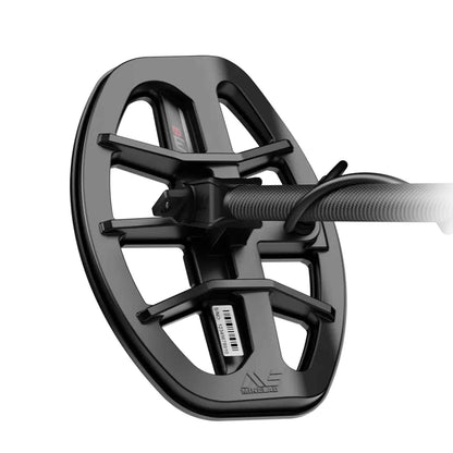 Minelab M8 8x5.5 in elliptical Double-D coil for the Manticore with skidplate fitted, top view on the lower shaft