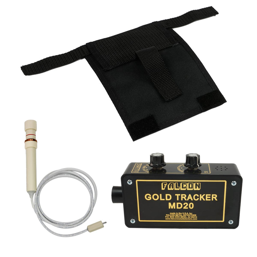The Falcon Gold Tracker MD20, holster and probe, are shown against a white backdrop.