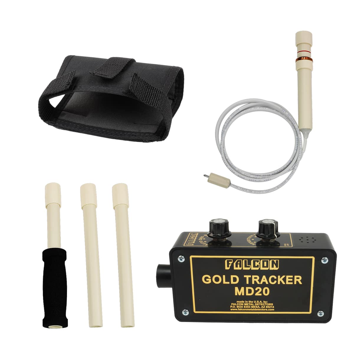 The Falcon Gold Tracker MD20 with accessories shown on a white background.