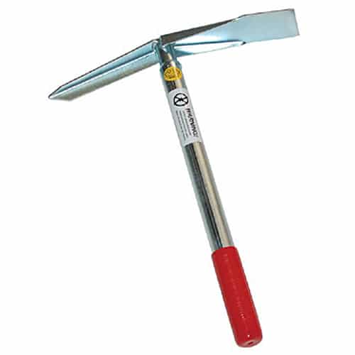 Lesche Heavy Weight Mini Pick with red grip handle and pointed steel tip for rocky soil digging