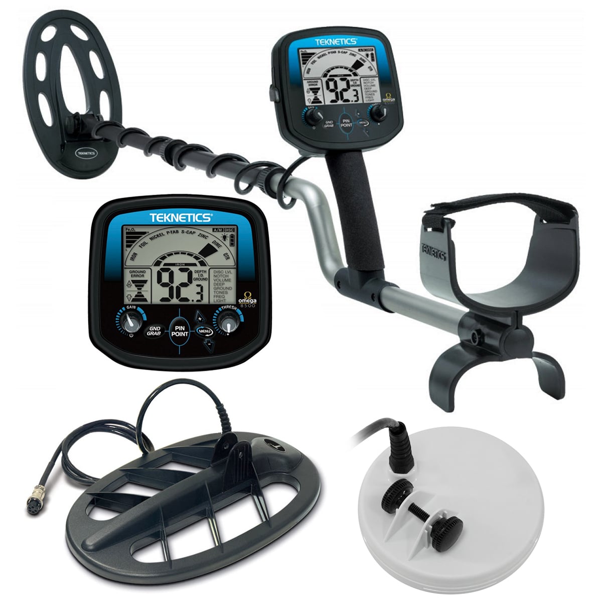 Teknetics Omega 8500 Metal Detector Combo with 5" DD Search Coil, 10" DD Search Coil, 11" DD Search Coil