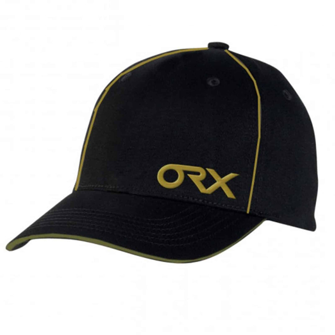 Black baseball cap with gold ORX logo and gold trim piping detail