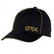 Black baseball cap with gold ORX logo and gold trim piping detail