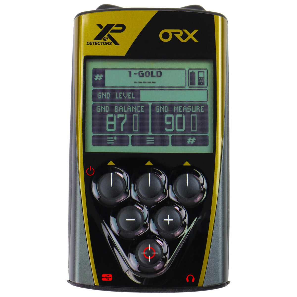 XP ORX remote control with backlit LCD showing Gold program