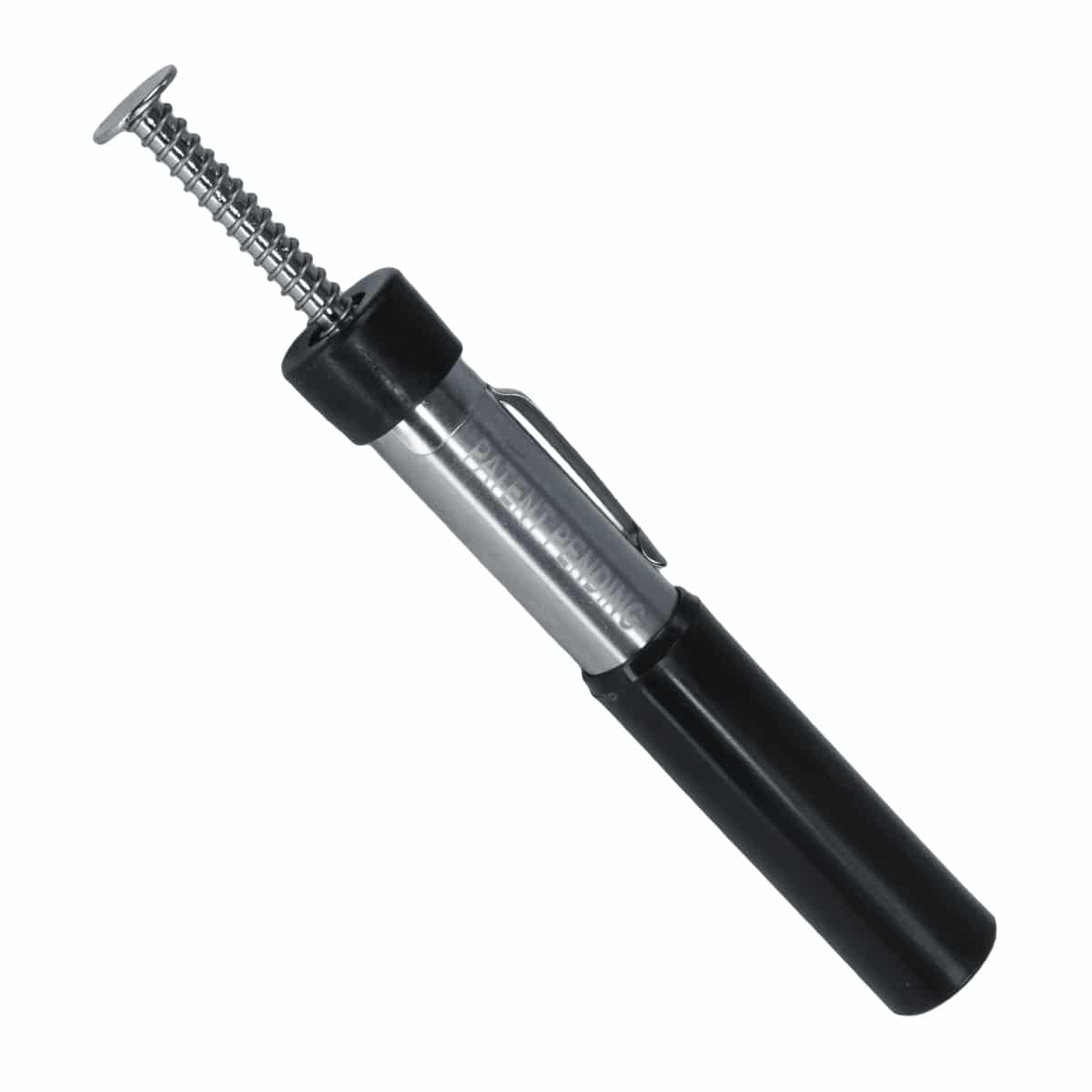 Magnetic black sand separator pen with black grip, stainless barrel and pocket clip