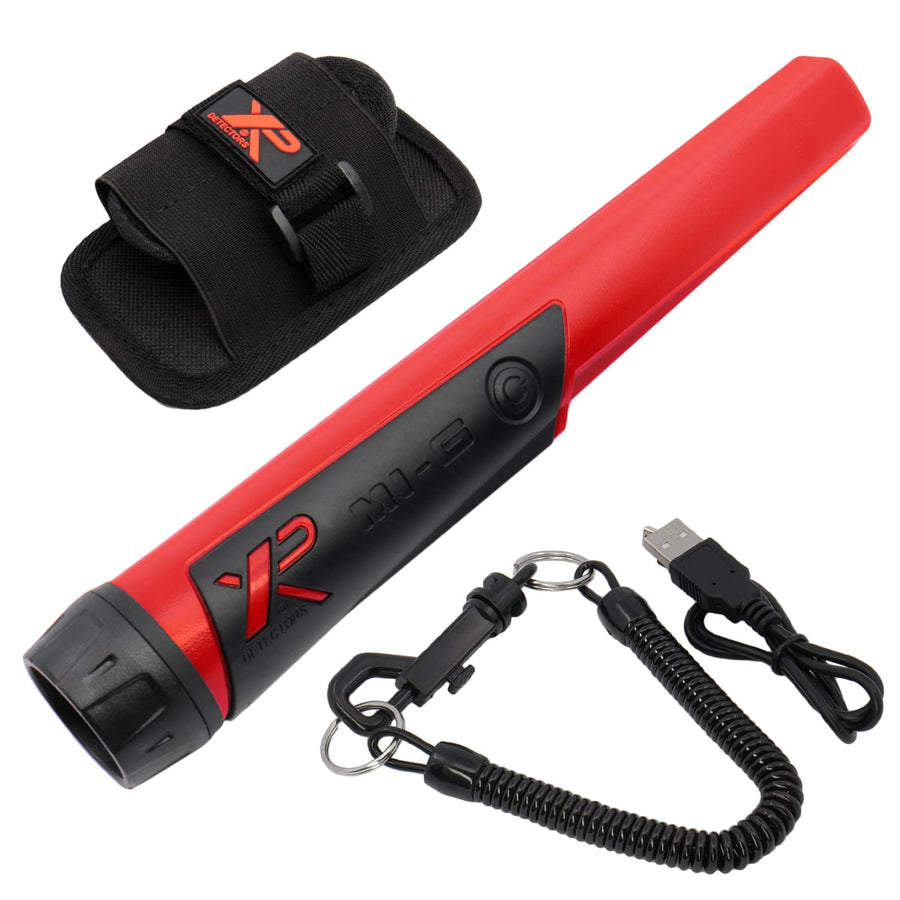 XP Deus MI-6 Waterproof Pinpointer Metal Detector with holster and lanyard, predominantly red and black in color.