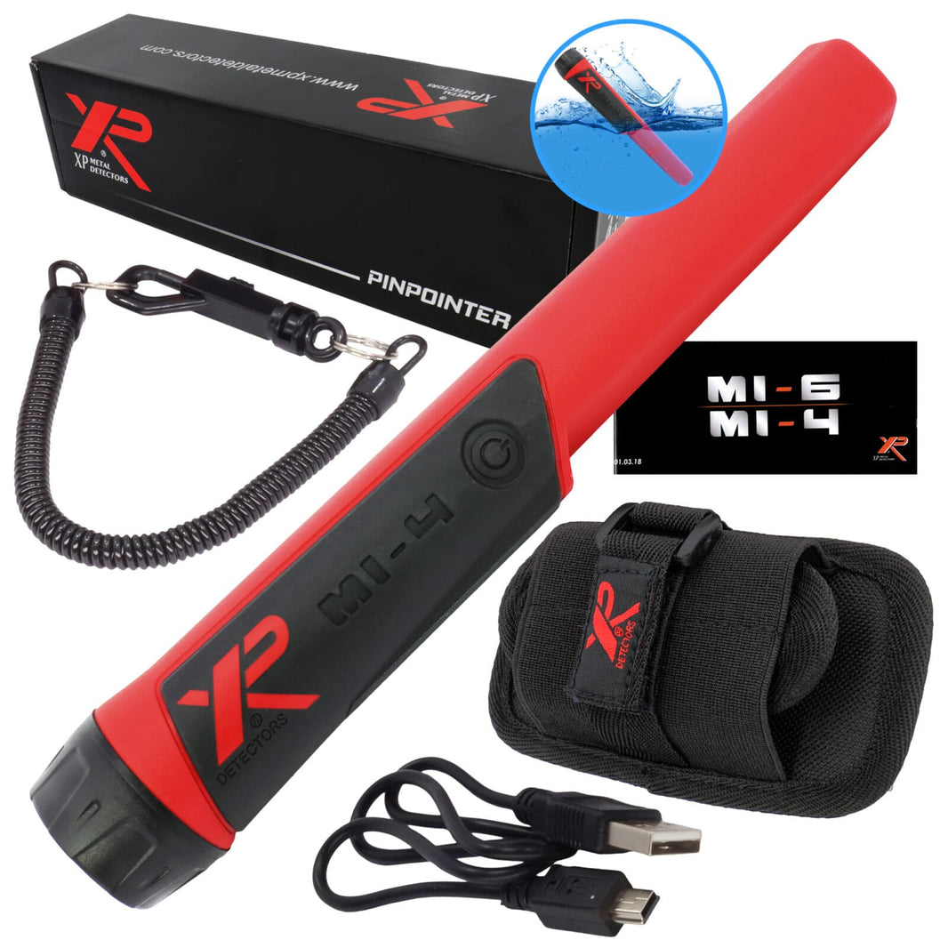 XP MI-4 waterproof pinpointer metal detector with red shaft, black handle, and rotating belt holster against white background