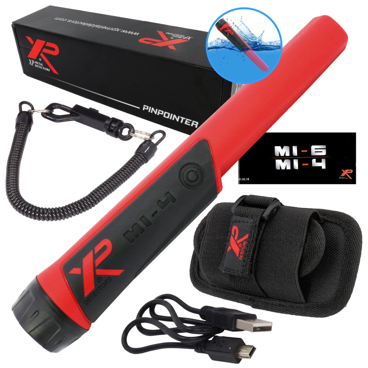 XP MI-4 waterproof pinpointer metal detector with red shaft, black handle, and rotating belt holster against white background