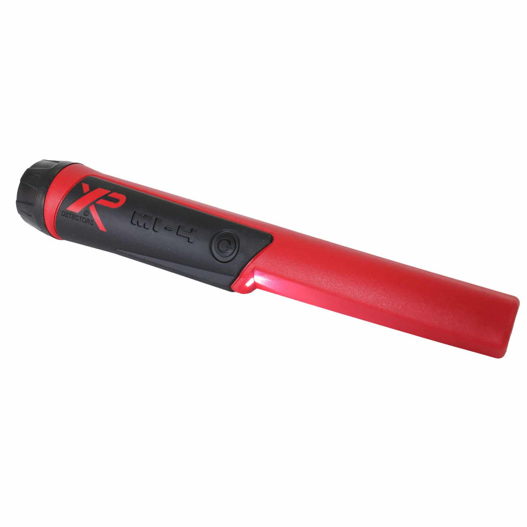 The XP MI-4 waterproof pinpointer metal detector with red shaft and black handle against white background.