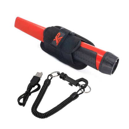 Red and black MI-6 Pinpointer with holster, lanyard, and charge cord, photographed on a white backdrop