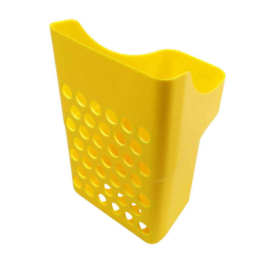 Close-up view of White's plastic sand scoop showing 0.5 inch drainage hole pattern