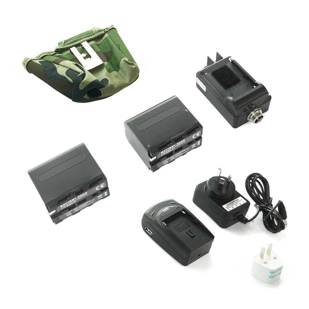 Coiltek lithium-ion switchable regulator kit with two batteries, six-in-one charger, and camo storage pouch for Minelab GP and GPX detectors