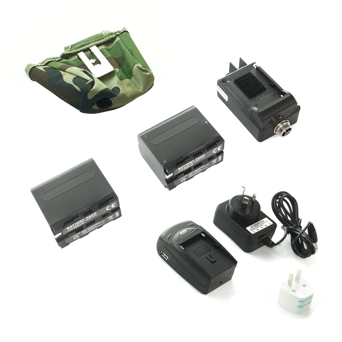 Coiltek lithium-ion switchable regulator kit with two batteries, six-in-one charger, and camo storage pouch for Minelab GP and GPX detectors