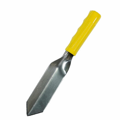 Close-up view of T-11 trowel non-slip plastic grip handle and etched depth measurements on steel blade