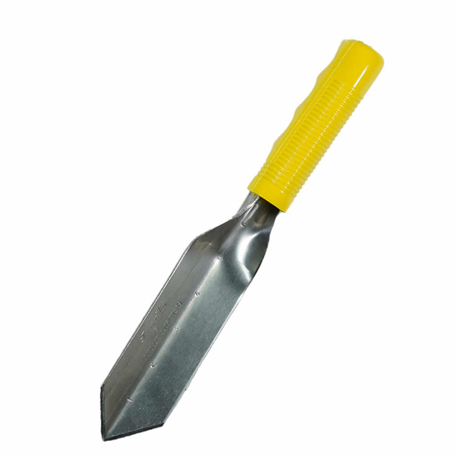 Close-up view of T-11 trowel non-slip plastic grip handle and etched depth measurements on steel blade