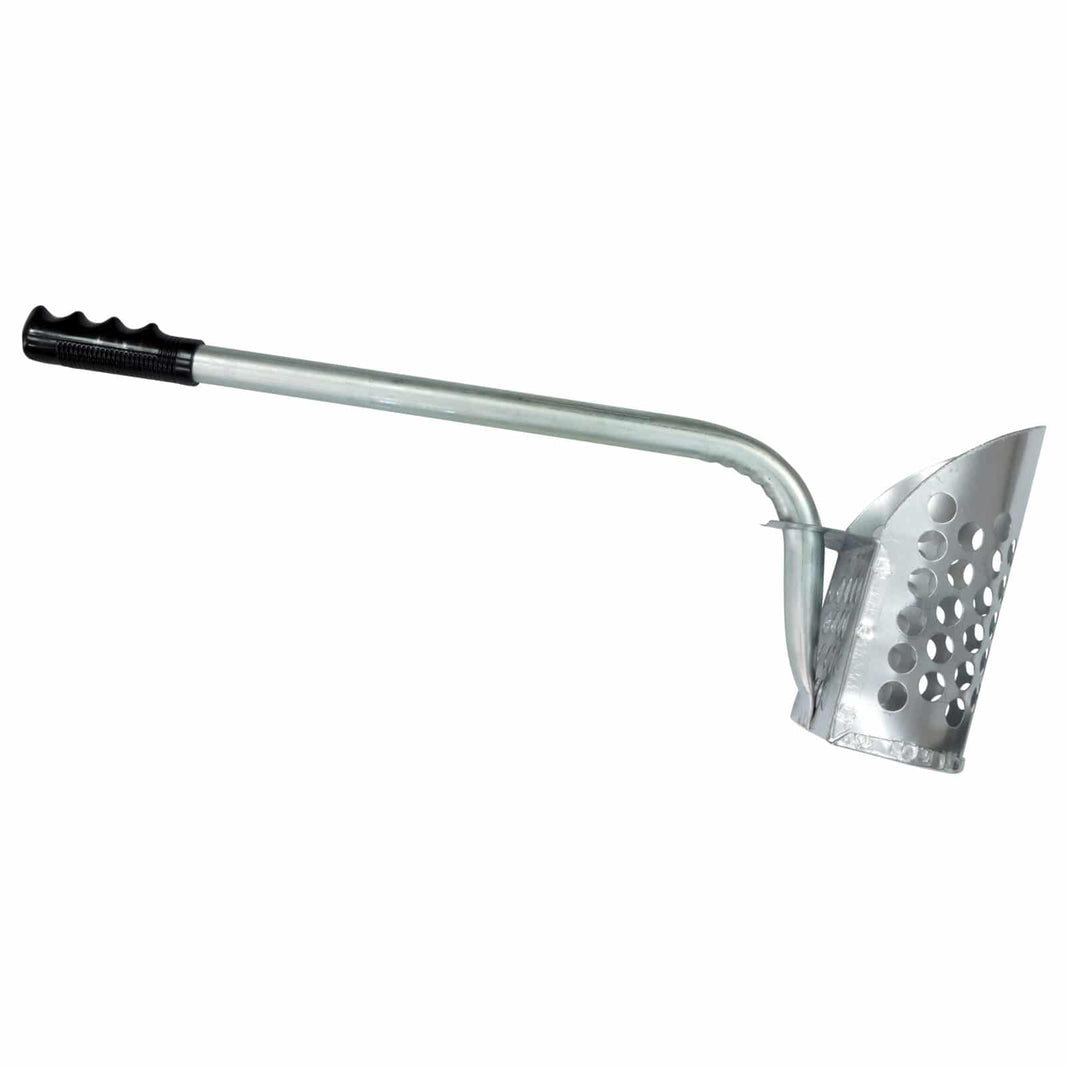Galvanized welded 24-inch beach sand scoop with molded finger grips and perforated basket for metal detecting