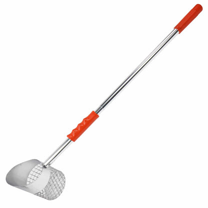 Metal sand scoop with red handles on a white background